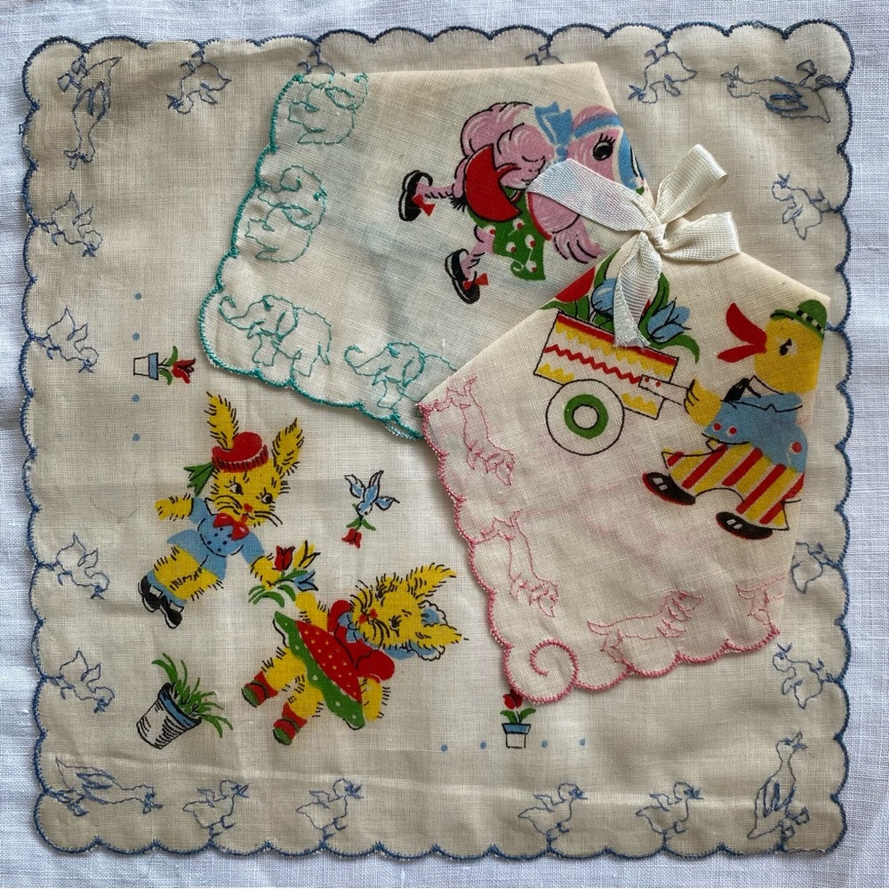 Set of 3 1940s Children’s Handkerchief Anthropomorphic Bunnies Ducks